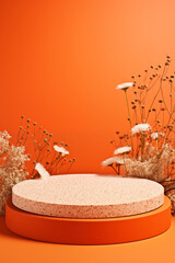 Empty concrete podium with dry plant and beautiful shadows on orange background. Platform for presentation for cosmetics and perfumes with daylight. Trending concept in natural materials