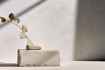Empty concrete podium with eucalyptus and beautiful shadows. Platform for presentation for cosmetics and perfumes with daylight. Trending concept in natural materials with dry plant