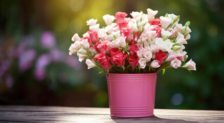 Beautiful spring flowers in white and red in pink bucket, beautiful nature bokeh background
