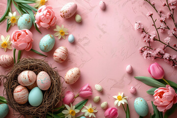 Fototapeta na wymiar A charming Easter-themed composition featuring speckled eggs in a nest, tulips, and daffodils on a pink surface