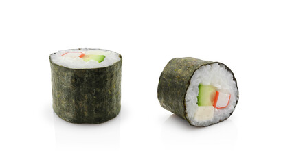 Simple homemade sushi roll, two pieces with cucumber, crab stick and soft cheese, isolated on white background  