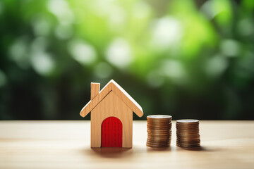 Miniature house with coins on a green meadow. Concept of energy saving with modern technology. Passive house heating. Real estate business, new homes and mortgages