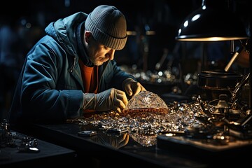 Jeweler inspecting a diamond with a magnifying glass - obrazy, fototapety, plakaty