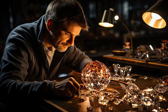 Jeweler inspecting a diamond with a magnifying glass