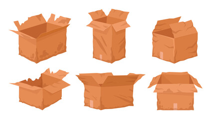 Broken carton boxes. Crumpled cardboard delivery box, damaged, wet or torn shipping containers flat vector illustration set. Damaged crumpled boxes on white