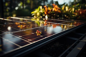 Solar panels neatly installed on a roof and sunlight reflecting off the panels