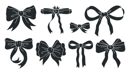 Bows silhouettes. Hand drawn black silk bow for holidays present boxes, Birthday gifts ribbon decoration flat vector illustration set. Bows silhouette collection
