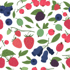 Berries seamless pattern. Ripe delicious raspberry, blueberry, strawberry and redcurrant endless design flat vector background illustration. Forest berries seamless pattern