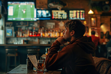 footballer watching the match in a sports bar, with a betting slip in his hand