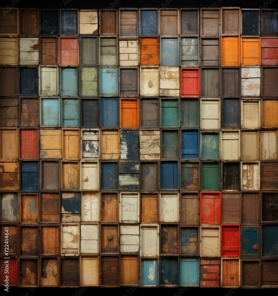 Poster a wall of old wooden crates with many different colors. generative ai.