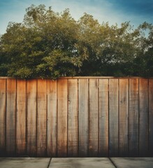 Wooden fence with trees and sky background. Generative AI.