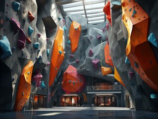 A large indoor climbing wall with colorful rocks. Generative AI.