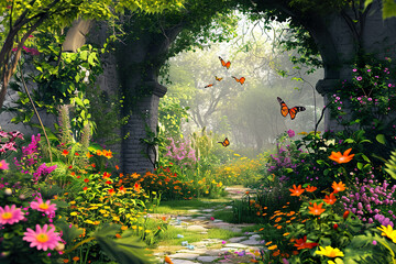 Fototapeta na wymiar peaceful garden filled with blooming flowers and fluttering butterflies