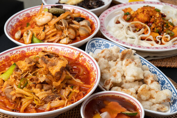 Chinese food, black bean sauce noodles with minced meat, beef mushroom  sweet and sour pork, Chinese shrimp, deep-fried pork in sweet rice batter with sweet and sour sauce