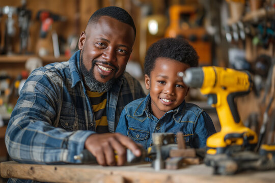 Father with son using drill on plank at home