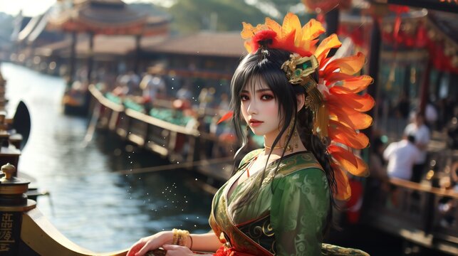 fantasy anime girl at dragon boat festival, with black hairs