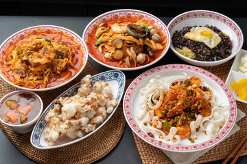 Chinese food, black bean sauce noodles with minced meat, beef mushroom  sweet and sour pork, Chinese shrimp, deep-fried pork in sweet rice batter with sweet and sour sauce