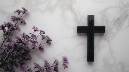 Blend of elegance and reverence, featuring a black cross amidst a white marble background adorned with delicate lavender flowers