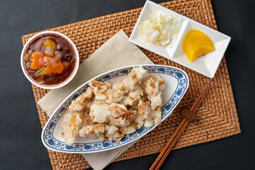 Chinese food, black bean sauce noodles with minced meat, beef mushroom  sweet and sour pork,...