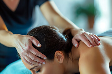 Naklejka premium woman getting a massage, with a therapist working on her neck and shoulders