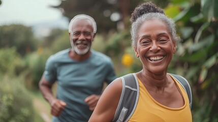 joyful senior African-American woman and family, hard running with her husband