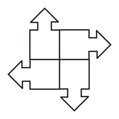 Three-way, two-way or one -way inward or outward pointing mini arrows. A symbol made from a trio of small black arrow shapes. Isolated on a white background.