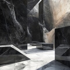 a black marble room with a stone wall and a stone wall