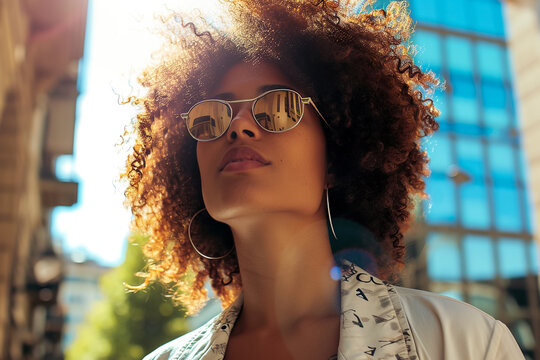 woman walking outside, with sunglasses on to protect her eyes from the bright sunlight