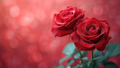 two red roses with a red background, in the style of realistic scenery, light gray and pink