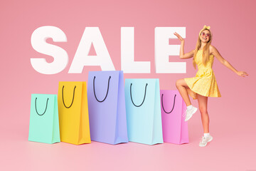 Blonde Lady Posing Near Shopper Bags And Word SALE, Collage