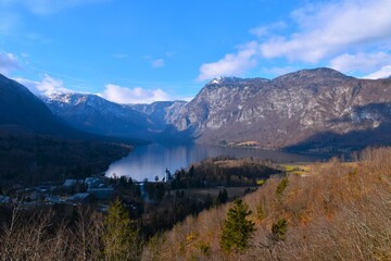 View of Bohinj lake and mountains in Julian alps in Gorenjska, Slovenia in winter