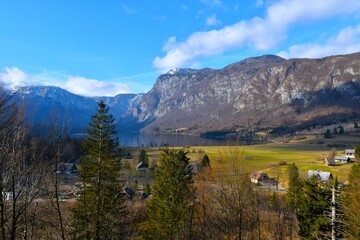 View of Bohinj lake and meadow at the shore lit by sunlight and mountains in Julian alps in Gorenjska, Slovenia