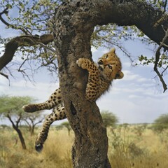 a cheetah cub climbing a tree