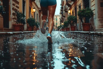 Strong athletic female legs in sneakers running along a rainy street in old Italian city. Concepts: sports, healthy lifestyle, strength, endurance, beautiful body, sports shoes, active recreation