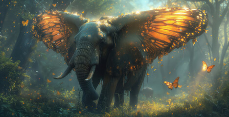 Elephants with butterfly wings gracefully fluttering through a mystical forest