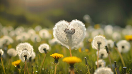 Valentine's Day: Heart-Shaped White Dandelion in a Field - Tilt-Shift Photography