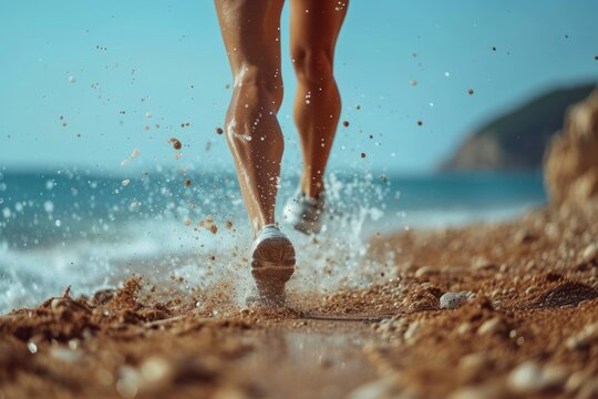 Athletic legs in sneakers jogging on the seashore. Concepts: sports, healthy lifestyle, strength, endurance, beautiful body, sports shoes, active recreation