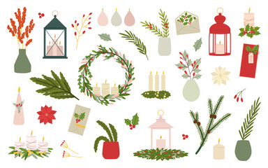 A set of Christmas decor for the interior. Various decorations for the winter holiday. Wreath, fir branch, candles, decorative lanterns, envelopes, poinsettia flowers. Flat vector illustration.