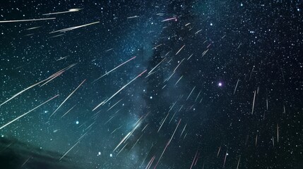 Meteor shower against the backdrop of a star-filled sky, capturing bright trails of shooting stars. Concept of astronomy, cosmos, space exploration, stargazing. - obrazy, fototapety, plakaty