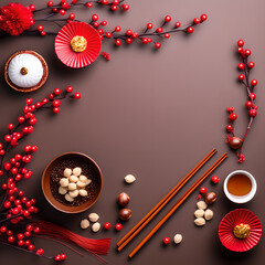 Chinese new year decoration on brown background top view copy space Ai image