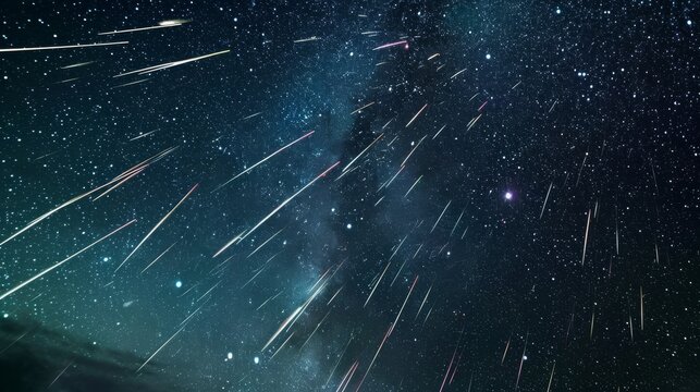 Meteor shower against the backdrop of a star-filled sky, capturing bright trails of shooting stars. Concept of astronomy, cosmos, space exploration, stargazing.