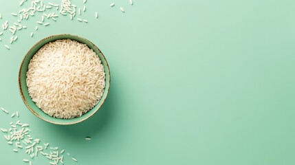 Bowl of uncooked white rice on textured green background. Top view. Concept of culinary staple, raw...