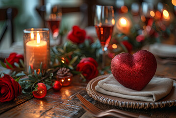 Obraz na płótnie Canvas Festive Valentines Day decor on the table of a romantic dinner party