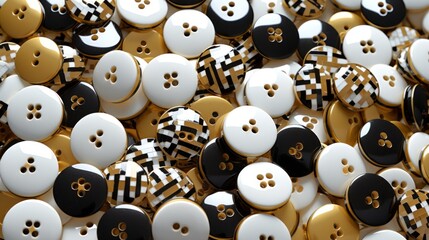 Obraz premium Collection of decorative buttons in a black, gold, and white color scheme. Top view. Background. Concept of sewing accessories, fashion design, crafting materials, decorative elements.