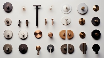 Various modern cabinet knobs and handles on white background. Top view. Concept of interior design, home decor, hardware, modern furnishing.