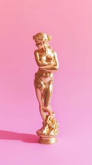 Shiny golden female figure sculpture, solid pink backdrop. Concept of classical art, luxury decor, sculpture, golden statue, artistry, elegance. Vertical format