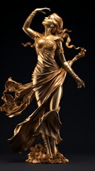 Elegant Gold statue of a woman on a black background. Concept of classical art, luxury decor, sculpture, golden statue, artistry, elegance. Vertical format