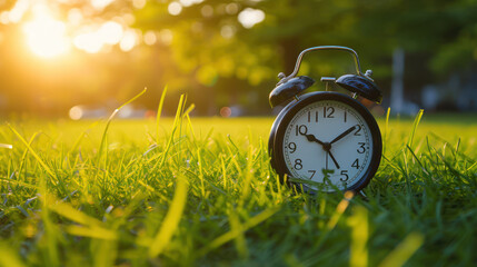 A black alarm clock stands in the green grass in the park. Concept of changing time to summer time. Management and planning - obrazy, fototapety, plakaty