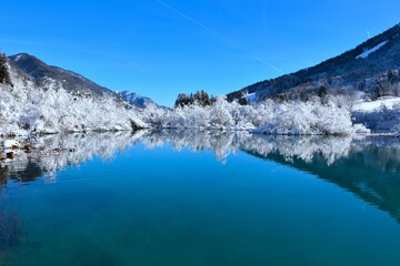 View of lake at Zelenci in Gorenjska, Slovenia in winter