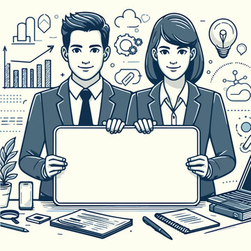 Unlock the potential of your business with this striking image. Two individuals, dressed impeccably in suits and ties, stand beside a whiteboard, offering a blank canvas for your copy text. Let your i